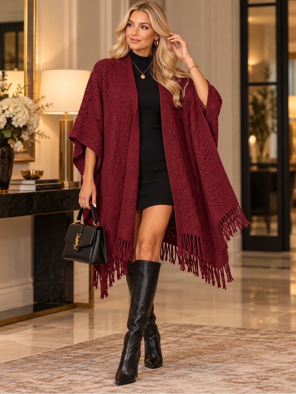 Do everything in love Burgundy Fringe Knit Cape